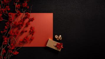 Flat Lay Blank Paper Card Mockup, Gold Objects, Jewellery Box and Artificial Red Flower Branch on Dark Background. Minimal Aesthetic Wedding Invitation Template. . photo