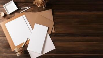 Top View of Blank White and Brown Paper Mokcup, Pencil, Pinecone on Wooden Desk. . photo