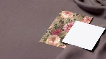 Top View of Floral Card Mockup on Blanket Grain Texture Background, . photo