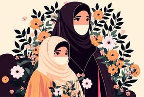 Illustration of Beautiful Arabian Woman with Her Daughter in HIjab and Protective Mask, Floral Decorated on Background. Concept of Mother's Day. Created By Technology. photo