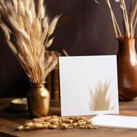 White Paper Card Mockup with Golden Grain, Dry Grass Vase on Wooden Table, . photo