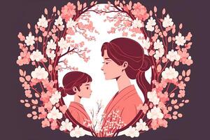 Illustration of Young Woman with Her Daughter, Floral Decorated on Background. Concept of Mothers Day, Relationship Between Mother and Child. Created By Generative AI Technology. photo