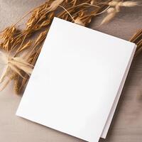 Blank White Paper Card with Golden Floral Embossing Mockup on Beige Background, Generative AI. photo