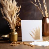 Blank White Paper Card Mockup with Golden Dry Grain Grass Vase on Wooden Table, . photo