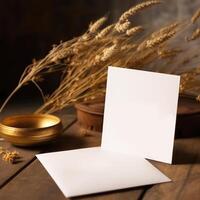 Blank White Paper Cards Mockup with Golden Dry Grain Grass on Wooden Table, Generative AI. photo
