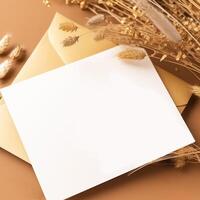 Top View of Invitation Card, Envelope Mockup with Golden Dry Grass on Brown Background. Generative AI. photo