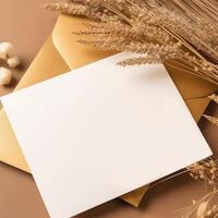 Top View of Blank Invitation Card, Envelope Mockup with Golden Dry Grass on Brown Background, . photo