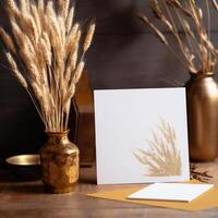 blanco blanco papel tarjeta Bosquejo con dorado seco grano césped florero en de madera mesa, generativo ai. foto