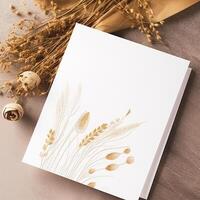 White Paper Card with Golden Floral Embossing Mockup, . photo