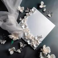 Top View 3d Wallpaper, Blank Paper Card Mockup with Net Fabric, Beautiful White Flowers Having Bright Light Color Incredibly Detailed Butterflies. . photo