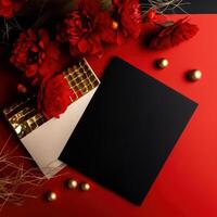 Top View of Blank Invitation Card, Paper Mockup with Beautiful Chrysanthemum Flowers, Golden Pearls on Red Background. . photo