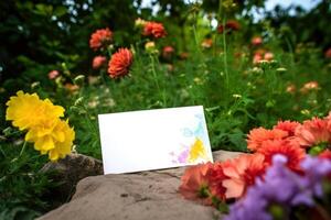 Closeup of Chrysanthemum Flower Field Background with Paper Mockup, Copy Space. . photo