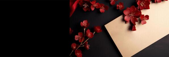 Top View of Blank Paper Card with Red Cherry Flowers Decoration on Dark Background, Mockup Banner for Design or Product Placement Created Using . photo