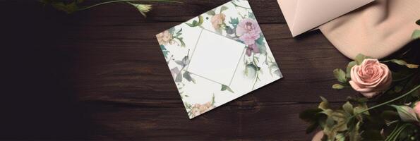 Top View of Floral Greeting Card Mockup, Envelope and Fabric on Wooden Table, . photo