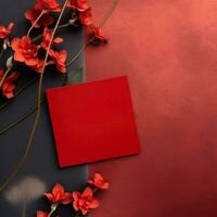 Top View of Blank Paper Card Mockup and Floral Branches on Black and Red Texture Background, Generative AI. photo
