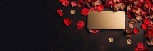 Top View of Blank Golden Paper Card Mockup with Flower Petals and Dried Leaves Decorated on Black Background. . photo