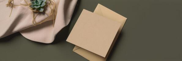 Top View of Kraft Paper Card, Envelope Mockup and Crumpled Fabric on Olive Background, . photo