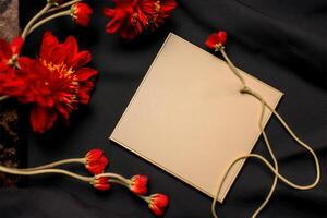 Top View of Blank Paper Card Mockup and Red Flowers on Black Crumpled Fabric Background, Generative AI. photo