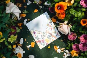 parte superior ver de floral saludo tarjeta Bosquejo en multicolor floral fondo, generativo ai. foto