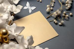 Top View of Blank Golden Paper Card Mockup with Beautiful White Flowers, Pearl Stems and Butterfly on Gray Background. . photo