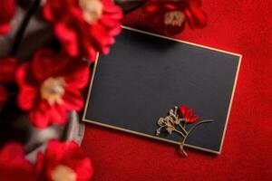 Top View of Blank Frame or Card Mockup with Blur Flowers on Red Grain Texture Background, . photo