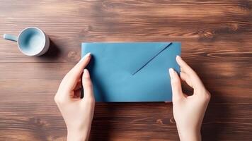 Top View Closeup of Female Hands Holding Blue Envelope, Empty Cup on Wooden Desk. . photo