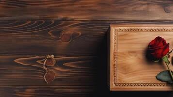 Top View of Red Rose Flower on Wooden Box Against Natural Plank Texture Table. . photo