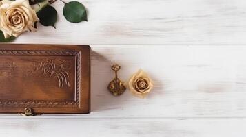 parte superior ver de de madera caja con antiguo mando, Rosa flores en blanco tablón textura mesa. generativo ai. foto