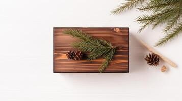 Top View of Vintage Wooden Box , Pinecones, Fir Leaves on White Background, . photo