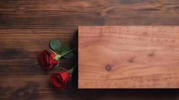 Flat Lay of Vintage Wooden Box and Red Roses on Wood Table, . Valentines Day or Love Concept. photo