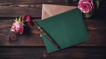 Blank Paper Card, Envelope Mockup, Rose Flower and Antique Engraving Pen on Wooden Table Top. . photo