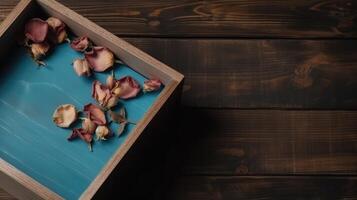 Top View of Dried Rose Petals inside Open Box on Vintage Wooden Table, . photo