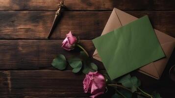 Blank Greeting Card, Envelope Mockup, Roses Floral and Engraving Tool on Wooden Table Top. . photo