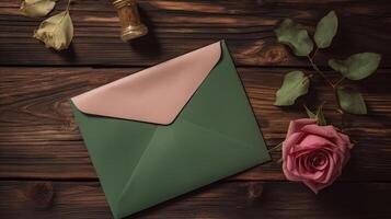 Greeting Card Envelope Mockup, Rose Flower, Leaves on Wooden Table Top. . photo