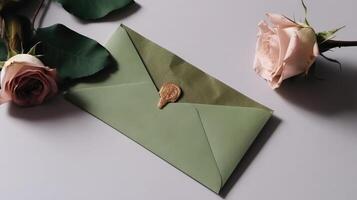 Top View of DIY Wax Seal on Green Invitation Card Envelope Mockup and Rose Flowers. . photo