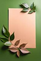 Blank Paper Mockup with Leaves on Green Background. . photo