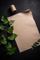 Top View of Blank Kraft Paper Mockup with Green Leaves Branch on Dark Background. . photo