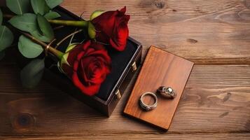 Red Roses Floral on Wooden Box with Couple Rings Against Plank Texture Table Top. Generative AI. photo