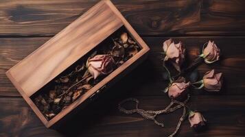 Open Wooden Box Full of Rustic Rose Floral and Silver Chain on Plank Texture Table Top. . photo