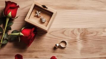 Open Jewelry Wooden Box and Red Roses on Plank Texture Table Top. Generative AI. photo