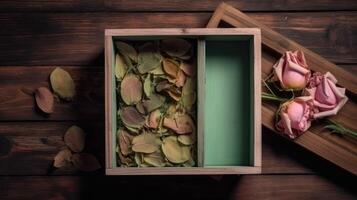 Open Wooden Box Full of Dried Leaves and Roses on Plank Texture Table Top. . photo