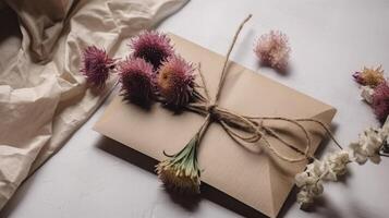 Top View of Kraft Paper Packed Packet Mockup and Rustic Floral Decorations on Crumpled Paper Background. . photo