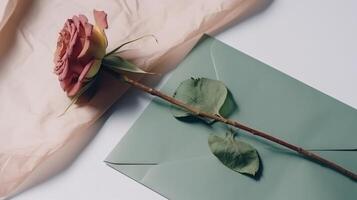 Top View of Greeting Card Envelope Mockup and Dry Rose Flower on White Background, . photo