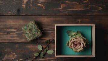 Open Wooden Box of Rustic Rose Flower, Leaves and Square Bale on Plank Texture Table Top. Generative AI. photo