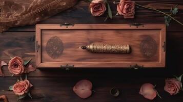 Golden Filigree Esther Case on Vintage Wooden Storage Box and Rustic Rose Flowers on Plank Texture Table Top, Generative AI. photo