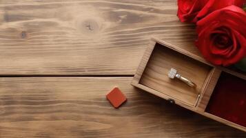 Beautiful Ring Inside Wooden Box and Red Roses on Plank Texture Table Top. Generative AI. photo