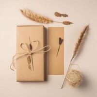 Top View of Rustic Style Packed Rectangle Gift Box, Burlap Thread Ball and Dried Grass on Cosmic Latte Background, . photo