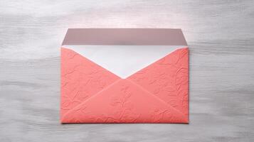 Isolated Rouge Pink Customized Floral Embossed Luxury Wedding or Event Card, Envelope on White Wooden Background. . photo
