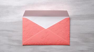 Isolated Rouge Pink Customized Floral Embossed Luxury Wedding or Event Card, Envelope on White Wooden Background. . photo