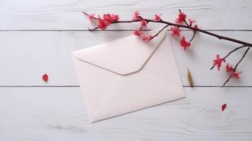 Greeting Card Mockup and Red Floral Branch on Wooden Table Top. . photo